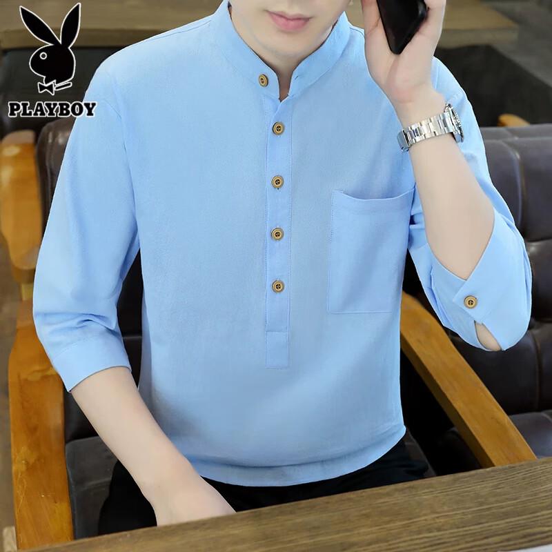Мужская футболка-henley Playboy из чистого хлопка с рукавом 3/4 2XL небесно-голубой