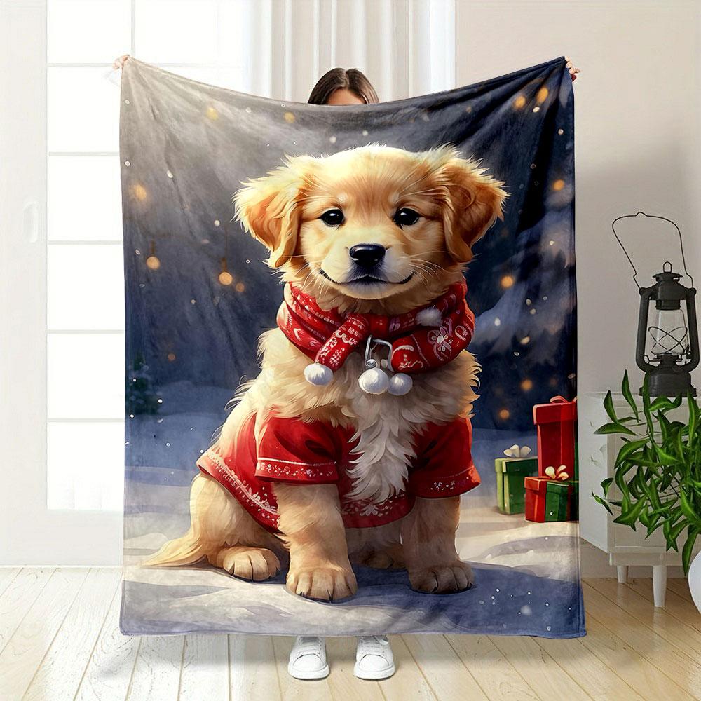 Golden Retriever in Festive Red Outfit Patterned blanket, flannel, suitable for all seasons, home decor, warm and cozy