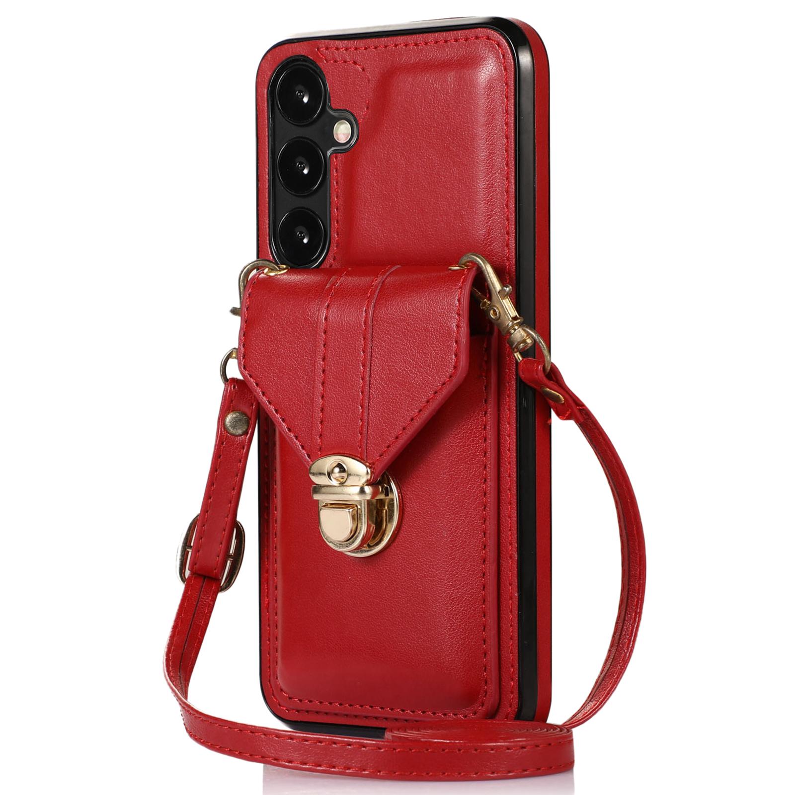

For Samsung Galaxy A26 5G Case Card Holder Kickstand PU Leather+TPU Phone Cover with Shoulder Strap Red
