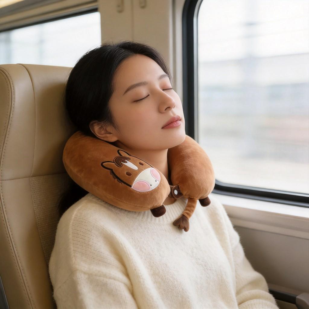 Cuscino per il collo a forma di U in memory foam con cartone animato di pony e fodera morbida elasticizzata per adulti