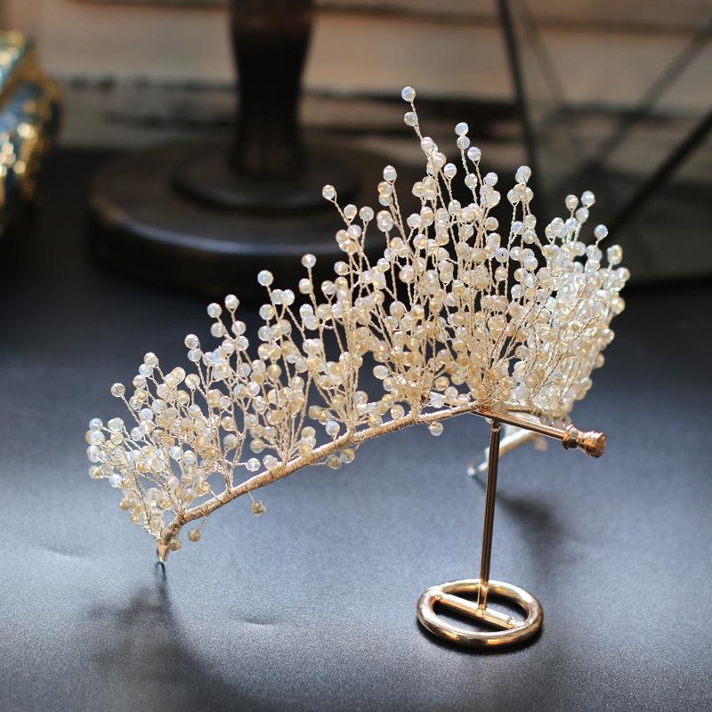 Korean Women's Sweet and Fresh Pastoral Style Fully Hand Wound Crystal Beads Long Crown Bridal Tiara Accessories