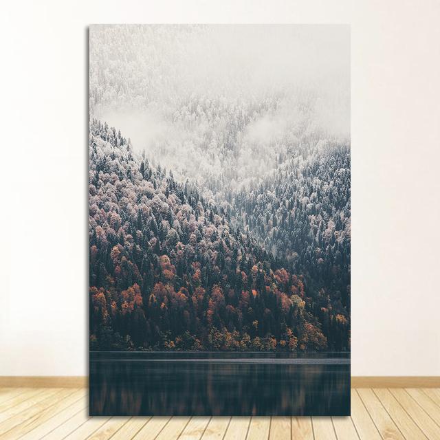 Poster Cerb Animal Lac Barcă Frunze de Crăciun Zăpadă Munte Imprime Pictură Natura Imagine Decor Nordic Peisaj Zăpadă Pădure