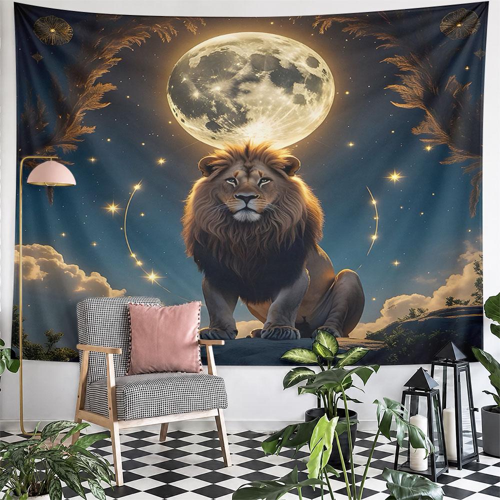 Majestic Lion with Full Moon Glow Pattern Wall Hanging Tapestry Decorative Tapestry Home Decor for Bedroom and Living Room