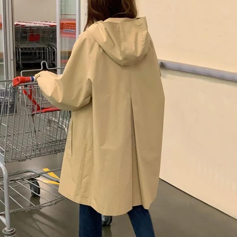 Spring Autumn Women Loose Fit Lined Outerwear Female Hooded Windbreaker Jacket Ladies Long Sleeves Trench Coat