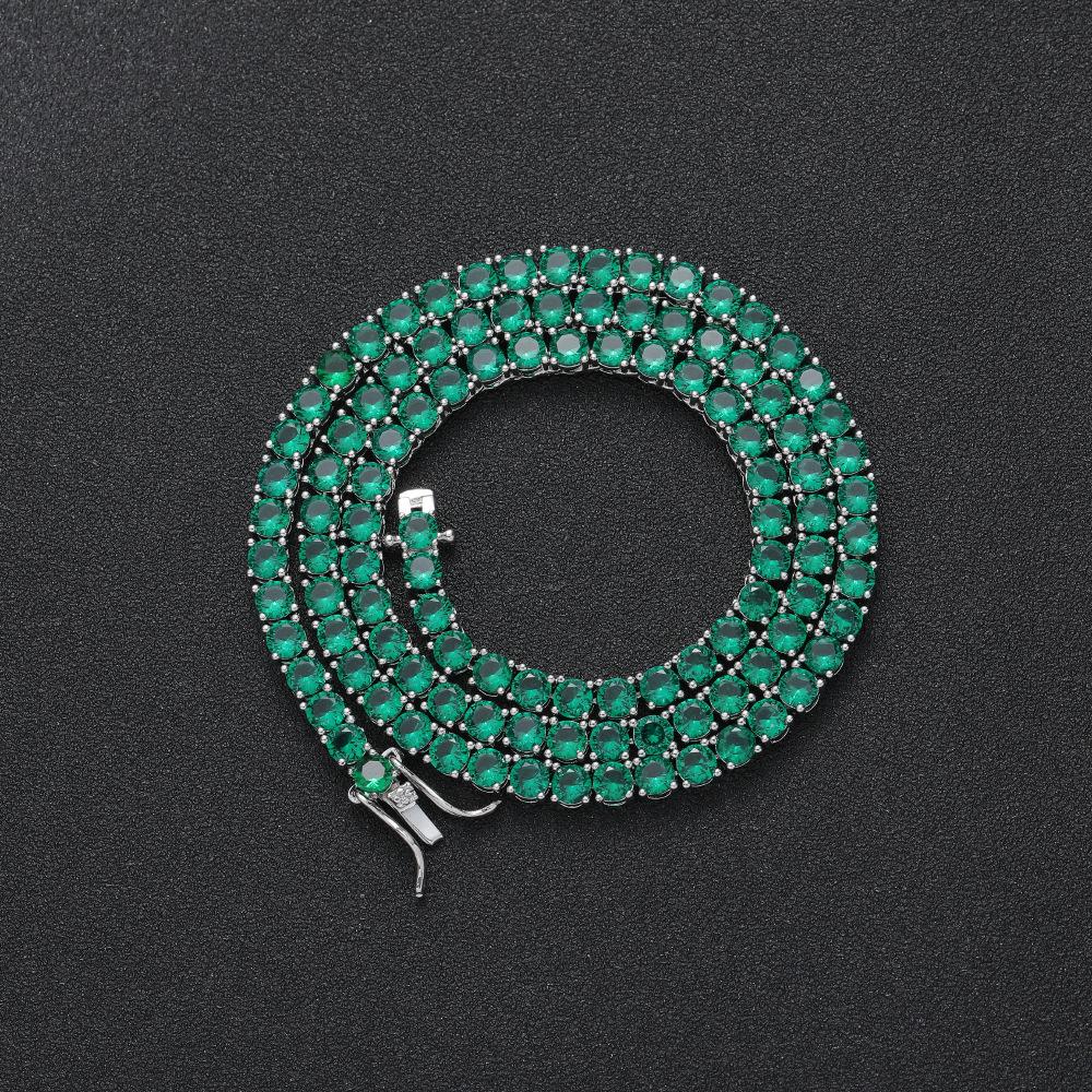 4mm Copper Necklace, European and American Hip-hop Green Zircon Fashion Personalized Tennis Chain, Men's and Women's Full Zirconium Necklace
