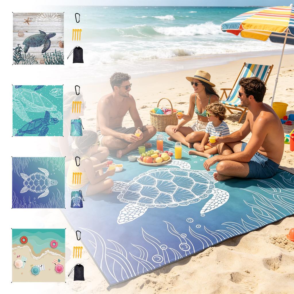 Portable Foldable Picnic Mat with Printed Pattern Lightweight Polyester Fabric Sandproof Beach Blanket with Storage Bag and Stakes for Outdoor Use
