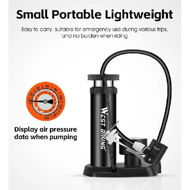 WEST BIKING Bike Foot Pump 160PSI High Pressure Portable Bicycle Tire Inflator with Gauge for Schrader Presta Valves MTB Bike