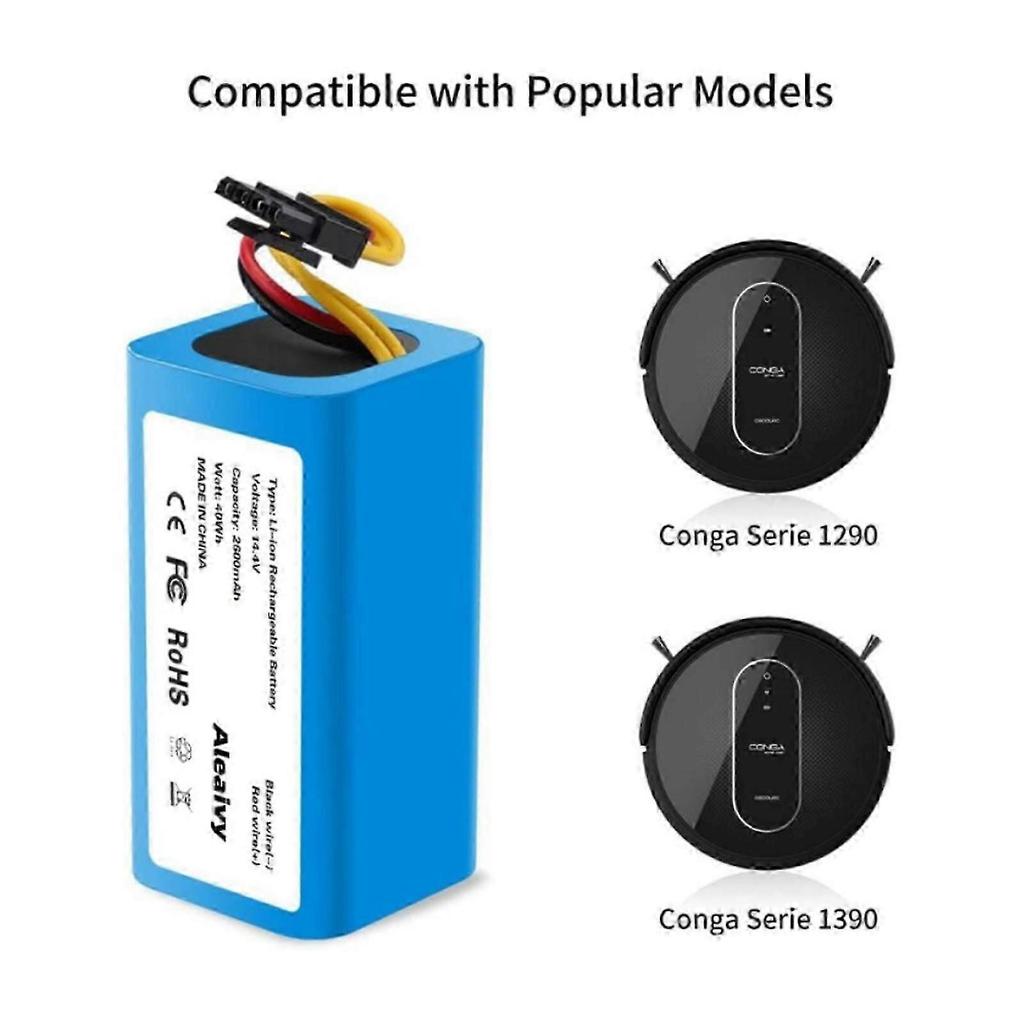 14.4V 2600mAh Replacement Battery for Conga Excellence 1390 Robot Vacuum Cleaner with Compatible Power Supply
