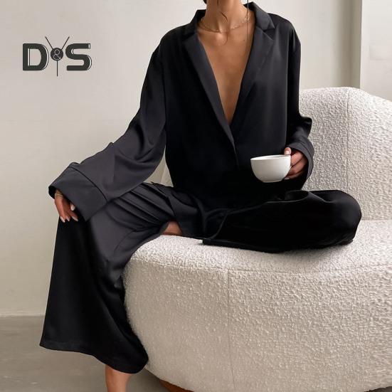 2 Pcs/Set Women Shirt Pants Set Homewear Suit Loose Lapel Long Sleeve Loose Solid Color Single-breasted Wide Leg Straight Soft Lady Spring Fall