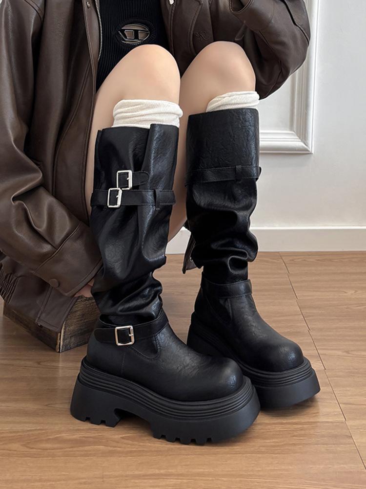 Thick-soled Heightening Maillard Boots Women's Vintage Tall Knight Boots Pile Boots Western Boots