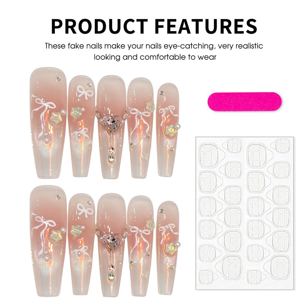 Butterfly Knots Press on Nails Rhinestone Glitter Pearl DIY Artificial Nails French Style Design Fake Nails
