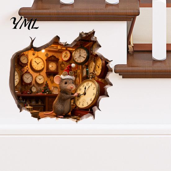 Winter Theme Wall Sticker 3D Christmas Mouse Hole Sticker, Waterproof PVC Decal, Creative Festive Decorative Scene Easy Apply for Holiday Living Room