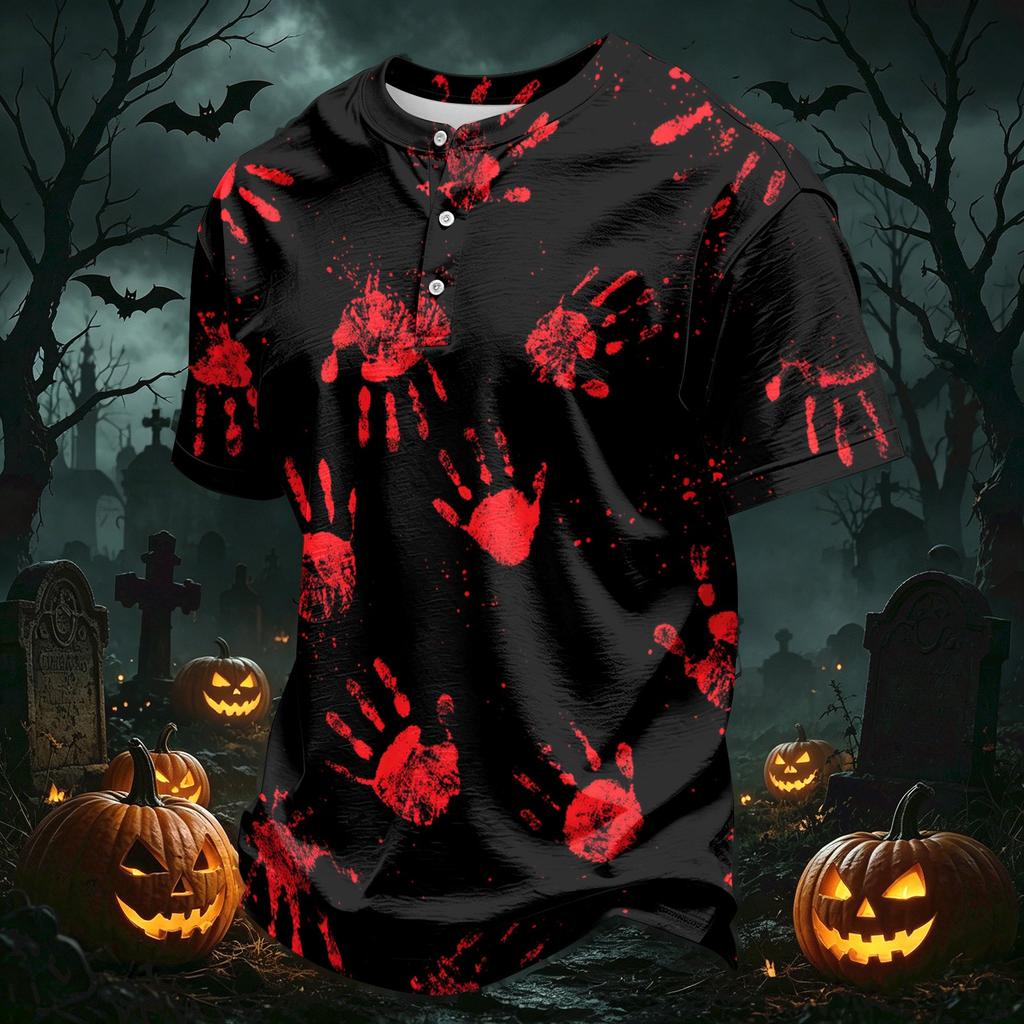 Men's Casual Button Collar Lightweight Breathable Short Sleeve Shirt Halloween Themed Printed Design Comfortable Fit
