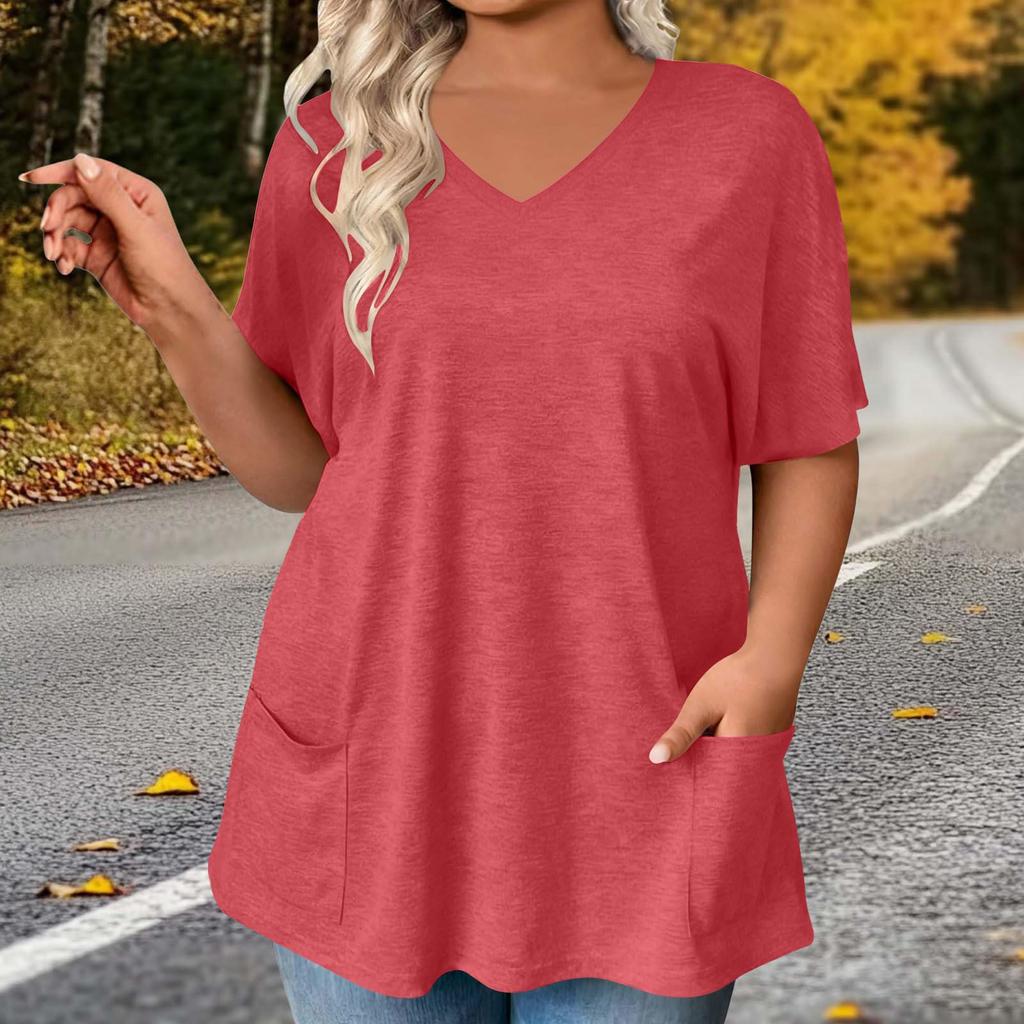 Stylish Women's Color V-neck Pocket Casual Versatile Fashion T-shirt Top