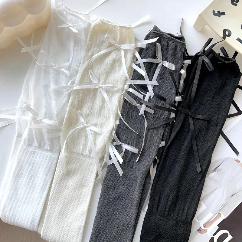 Lolita Long Socks Women Bandage Ribbon Bow Sweet Girls Kawaii Cute Over Knee Socks Ballet Style Solid Color Black White Socks