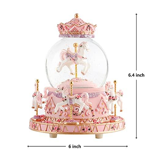 Snow globe with music box, color LED lights, merry-go-round, and crystal balls for automatic snowfall. A popular birthday or Christmas gift for girls,