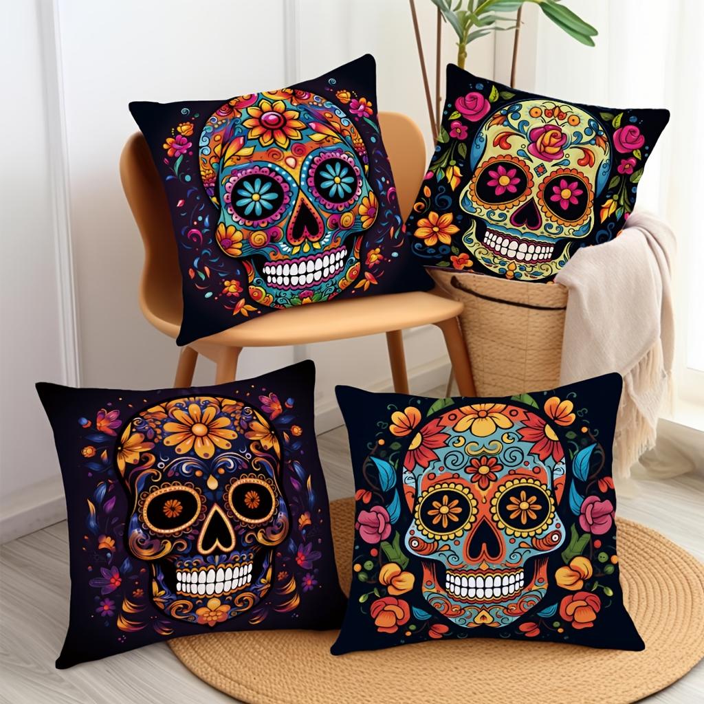 4Pcs Halloween Linen Cushion Cover Trick or Treat Theme Pillowcase Floral Skull Pillow Cover Halloween Party Decoration 2025