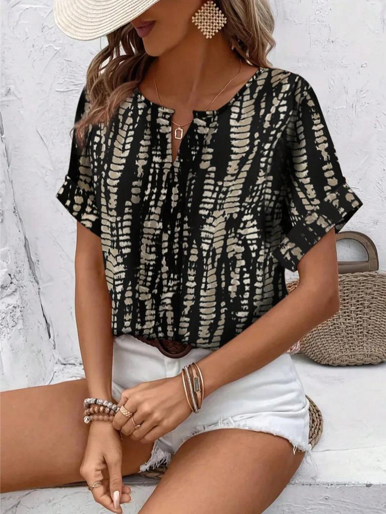 European and American Style New Loose Printing Short-sleeved Shirt Women's V-neck Casual Top Fashionable and Versatile
