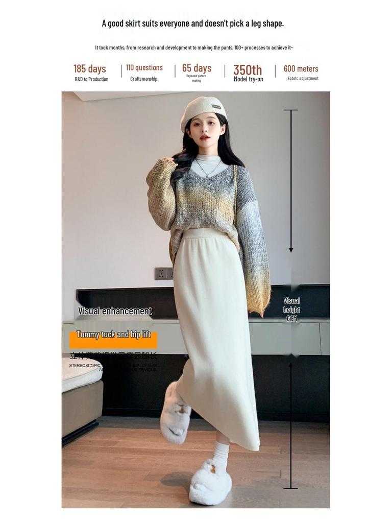 Women's High-Waisted Plus Velvet Slim-Fit Knit Midi Skirt (Petite, 2025).