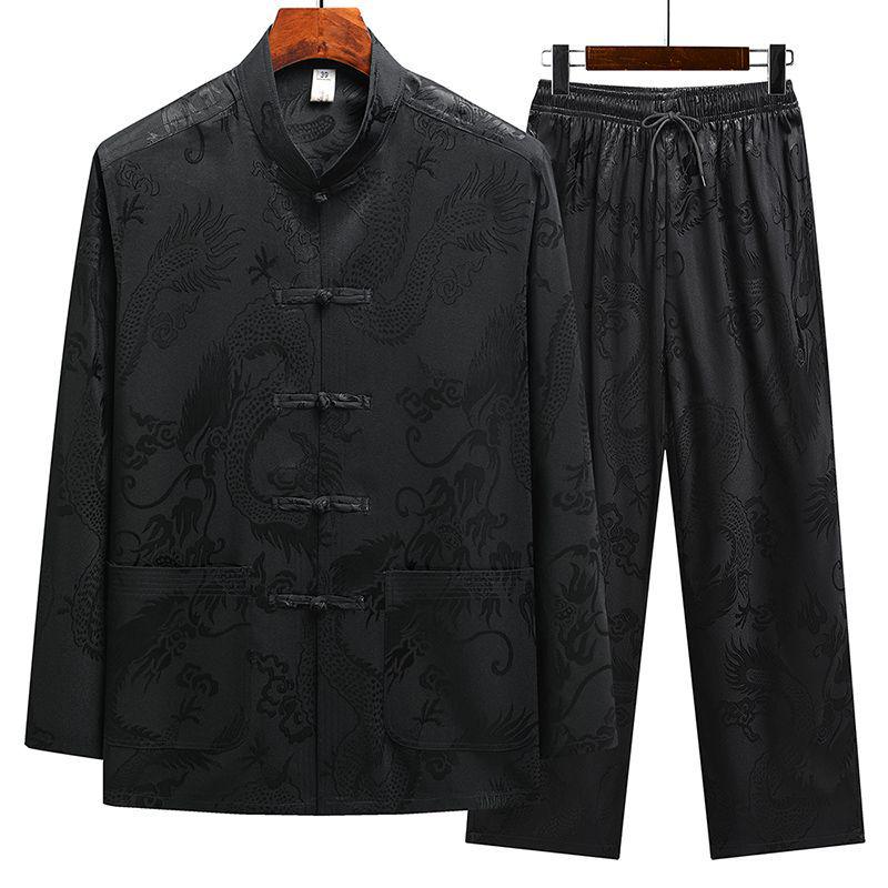 Men's Ice Silk Long-Sleeve Tang Suit: Chinese-Style Spring Hanfu for Older Adults, Loose Fit