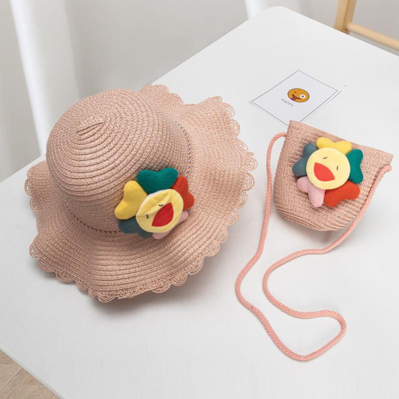Summer outdoor new straw children's cartoon cute flower hat with bag woman