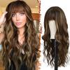 Synthetic Long Wavy Red Ombre Wig with Bangs - 26 Inch curly Wig for Women Natural Looking Soft Halloween Cosplay Constume Wigs