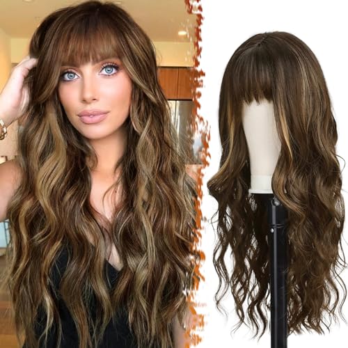 Synthetic Long Wavy Red Ombre Wig with Bangs - 26 Inch curly Wig for Women Natural Looking Soft Halloween Cosplay Constume Wigs