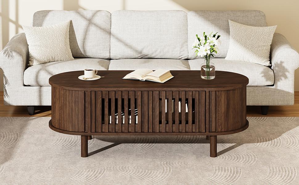 Coffee Table 100×40×38cm, MDF, Oval Living Room Table, 2 Slatted Doors & Roller Door, Solid Wood Legs, Up To 30kg Load Capacity, Walnut Wood Color