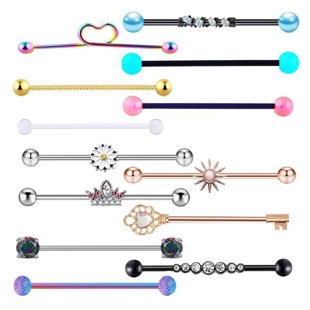 13x 14G Industrial Barbell Earrings Heart Flower Rhinestone Piercing Jewelry