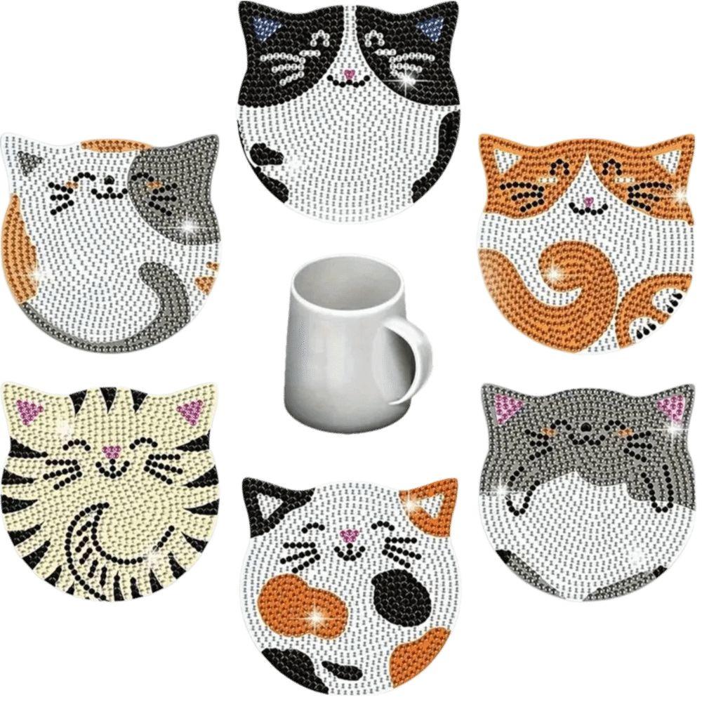Cat Pattern Rhinestone Coaster Including Stand 6 Pieces Set Handmade Placemats Non-slip Crystal Artificial Diamond