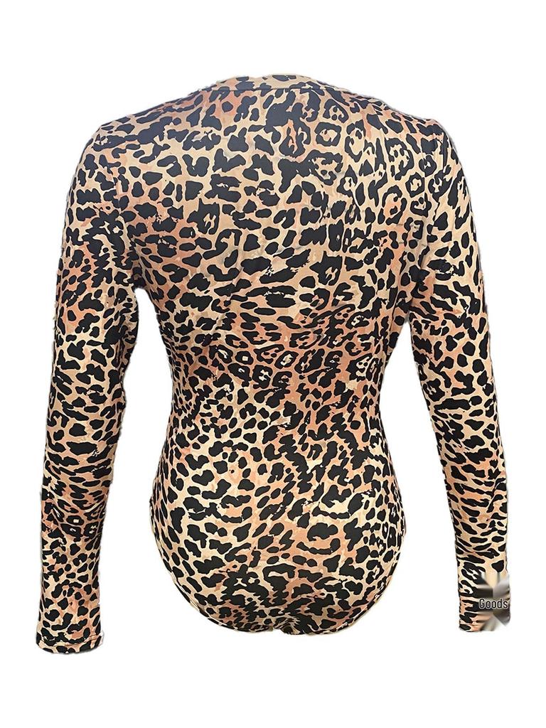 2024 Leopard Print Sexy Zipper Bodysuit - Women's Long-Sleeve
