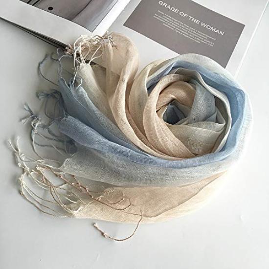 Dolly Para Linen Summer Linen Natural Gradient Blue and Women's Scarf, Stole, Coolness, Color-Changing (Light Beige)