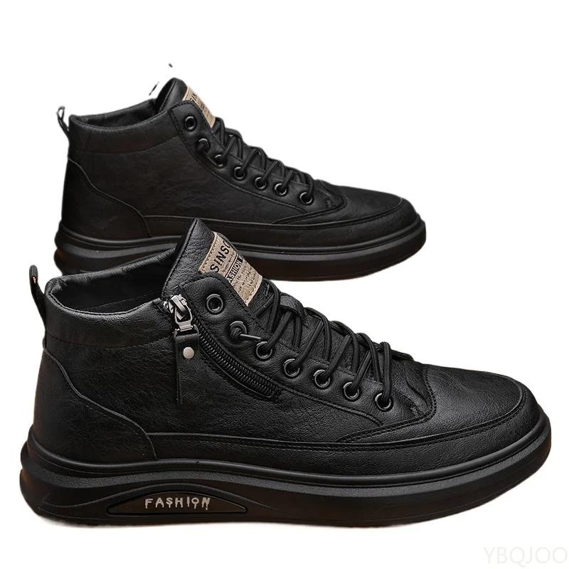 New high top Men's Shoes Casual comfort leather shoes Lace up Fashion board shoe Trendy waterproof Male Boots Zapatos Homme