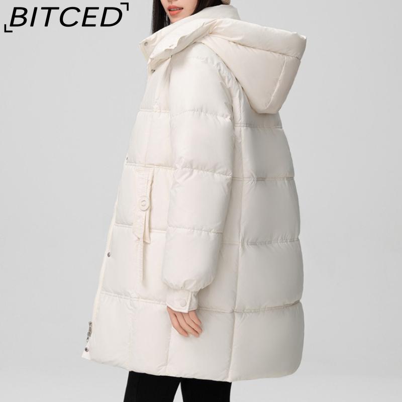 BITCED Fashionable Mid-Length Cotton Coat for Women Trendy Casual Warm-Weather Jacket with Detachable Hood