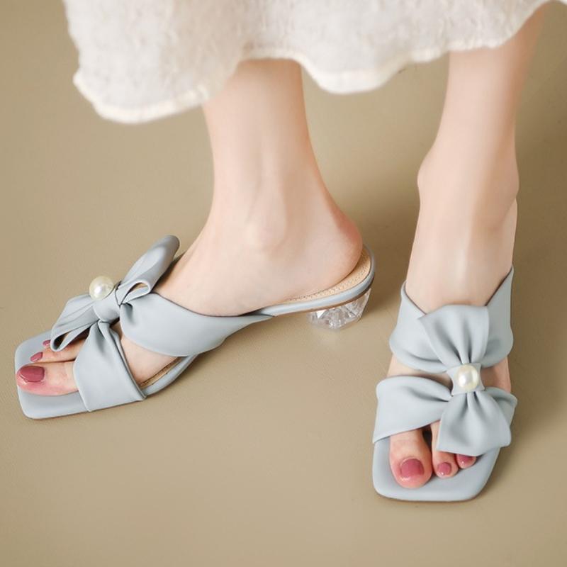 

Модные женские шлепанцы с квадратным носком, босоножки на каблуке с бантом, женская обувь 2025, модные летние туфли для платья с мелким вырезом, удобные мягкие кожаные шлепанцы 40 светло-синий