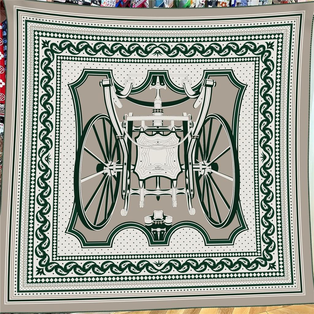 130cm French Winter Geometric Striped Carriage Faux Silk Wool Square Scarf Women Wraps Pashmina Hijab