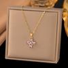 Luxury Romantic Purple Crystal Zircon Flowers Pendant Necklace for Women Bride Wedding Gold Color Stainless Steel Jewelry Gift