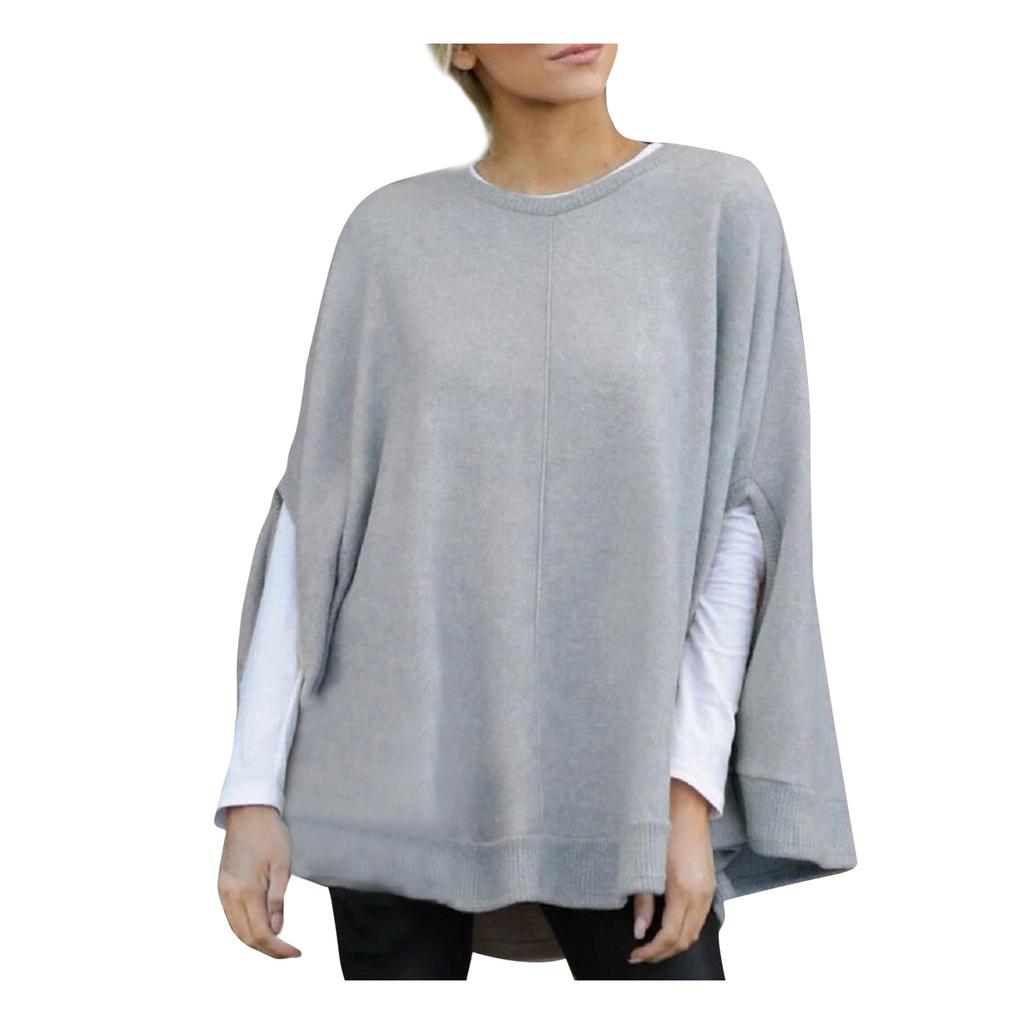 Women Fashion Solid Color Print Loose Hooded  Sleeve Splitter Long Sleeve Top