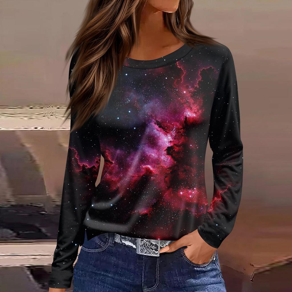 Women's Fashion Casual Slit Hem Round Neck Long Sleeve Loose Printed T-Shirt Ladies Top