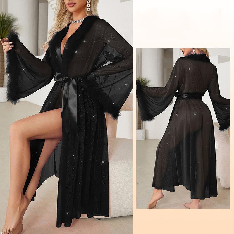 

Белый будуарный свадебный халат длиной до пола, халаты, длинный халат с перьями, шелковое белье, платье для невесты на девичник One size чёрный