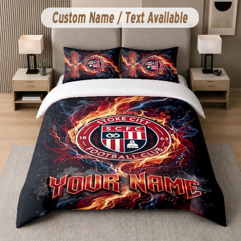 Set de Lenjerie de Pat Personalizat cu Model Stoke City FC, Text cu Nume Imprimat 1 Față de Plapumă plus 2 Fețe de Pernă Textile pentru Casă