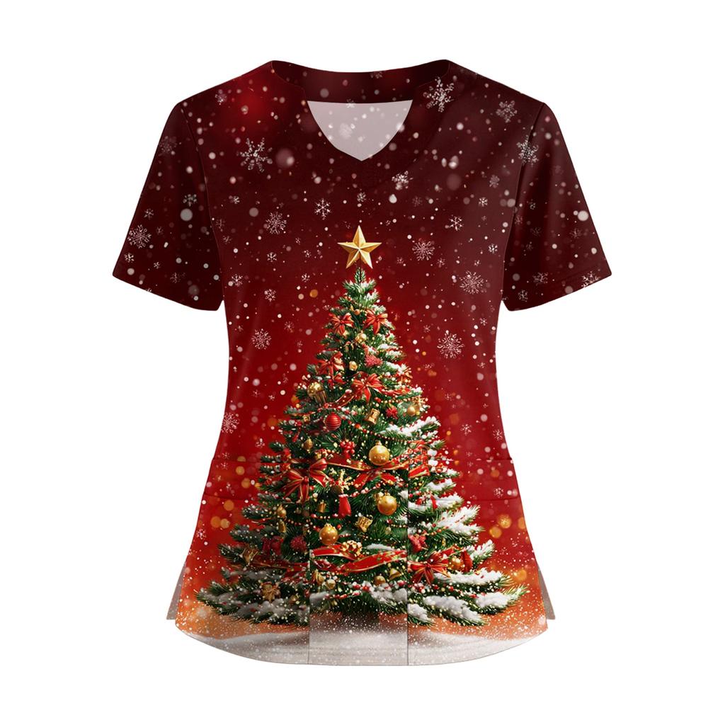 Women's Short Sleeved Christmas Printed V-neck Buttonable Side Slit Top T-shirt