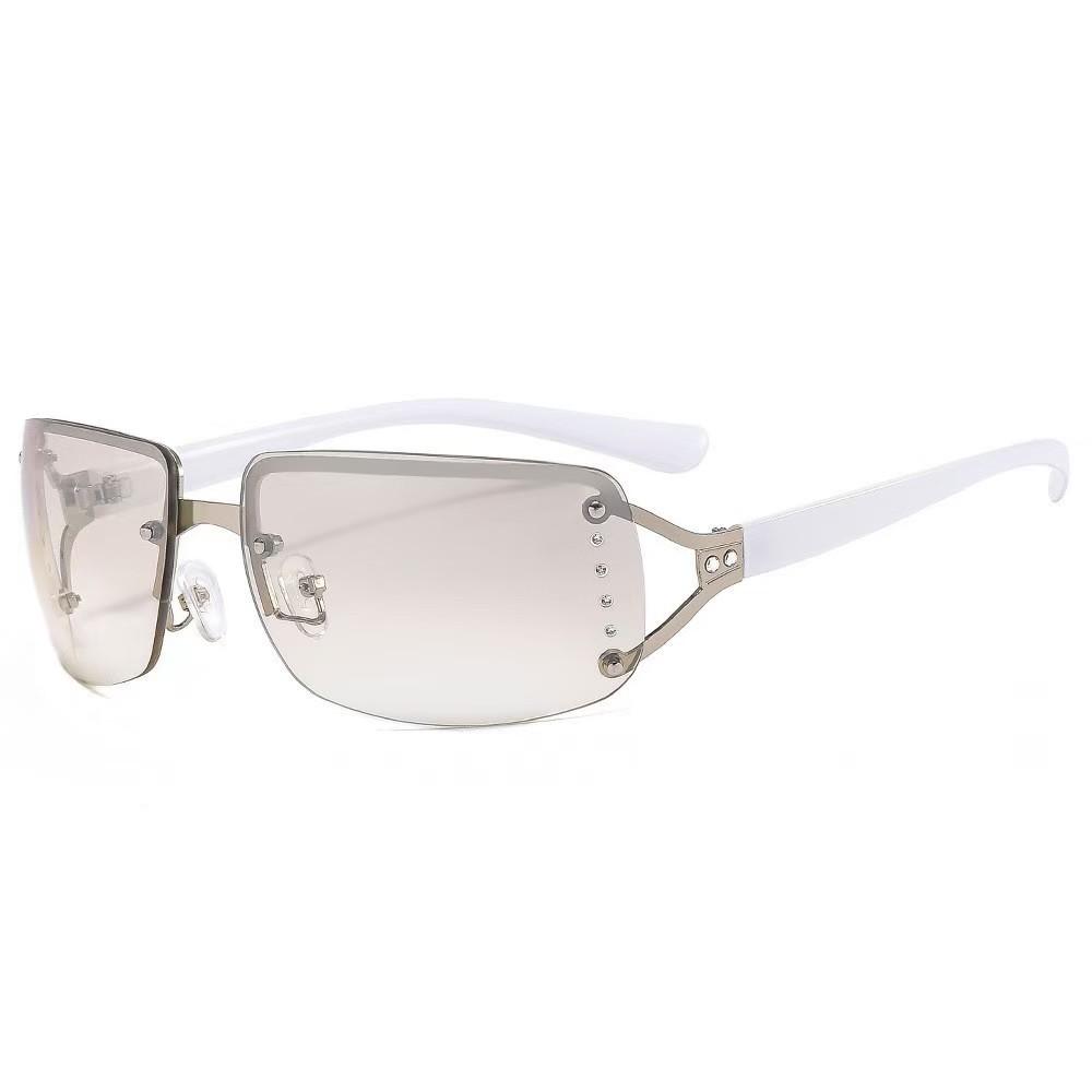Frameless Diamond-Embellished Sunglasses For Women, Street Style Ins Sunglasses, Large Frame, Slimming, Unique Eyewear Silver Frame