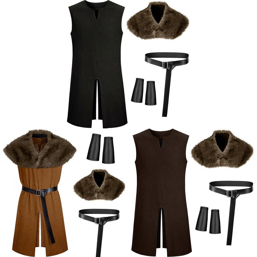 Medieval Knight Costume With Faux Fur Collar For Cosplay And Halloween Role Play