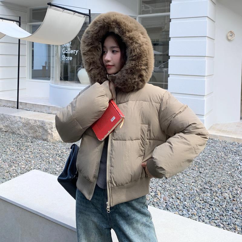 Winter New Loose and Thin Fur Collar Hooded Short Down Cotton Clothes Women's Waist Thickened Cotton Coat