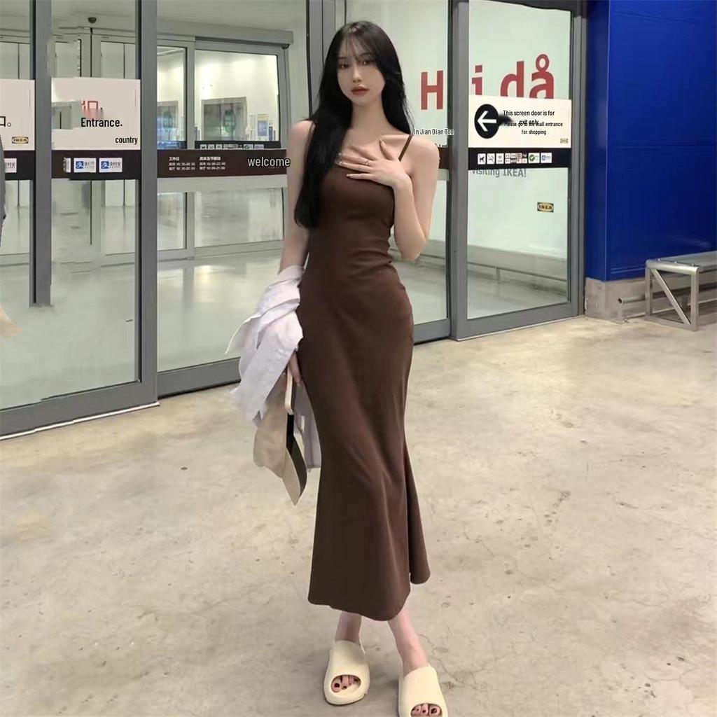 Women's Black Spaghetti Strap Bodycon Mermaid Midi Dress