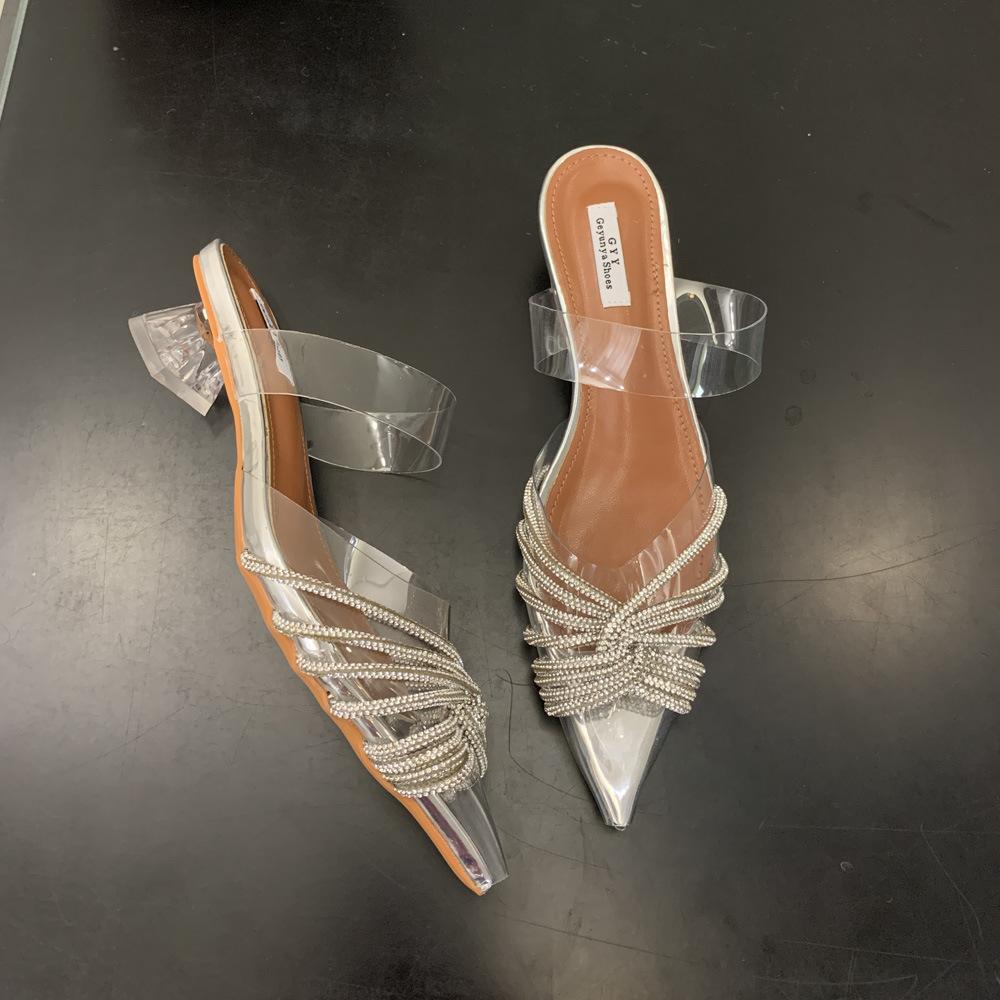 

Прозрачные туфли на высоком каблуке модные со стразами модные с мелким вырезом с пустым острым носком женские летние шлепанцы на высоком каблуке 35 серебряный