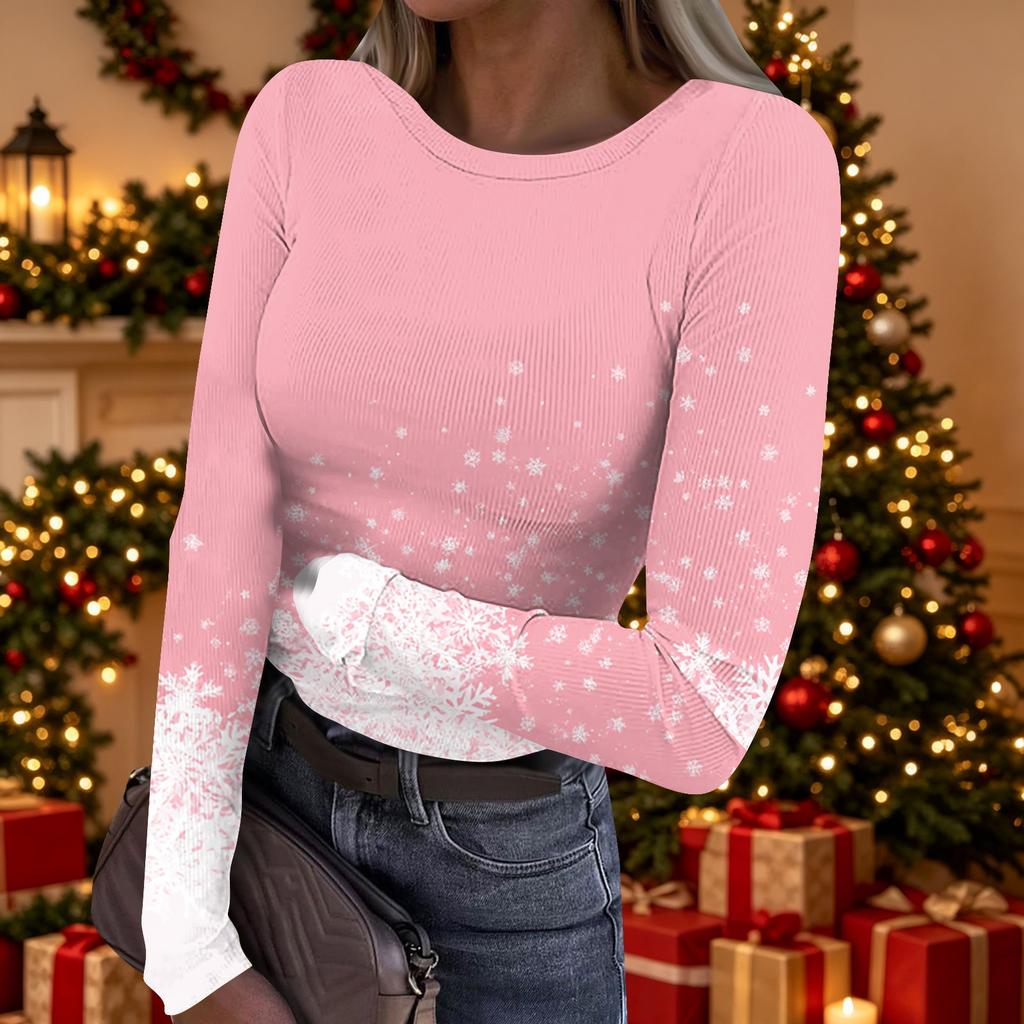 Women's Casual Christmas Print Long Sleeve Ribbed Top with Round Neck for Holiday Wear