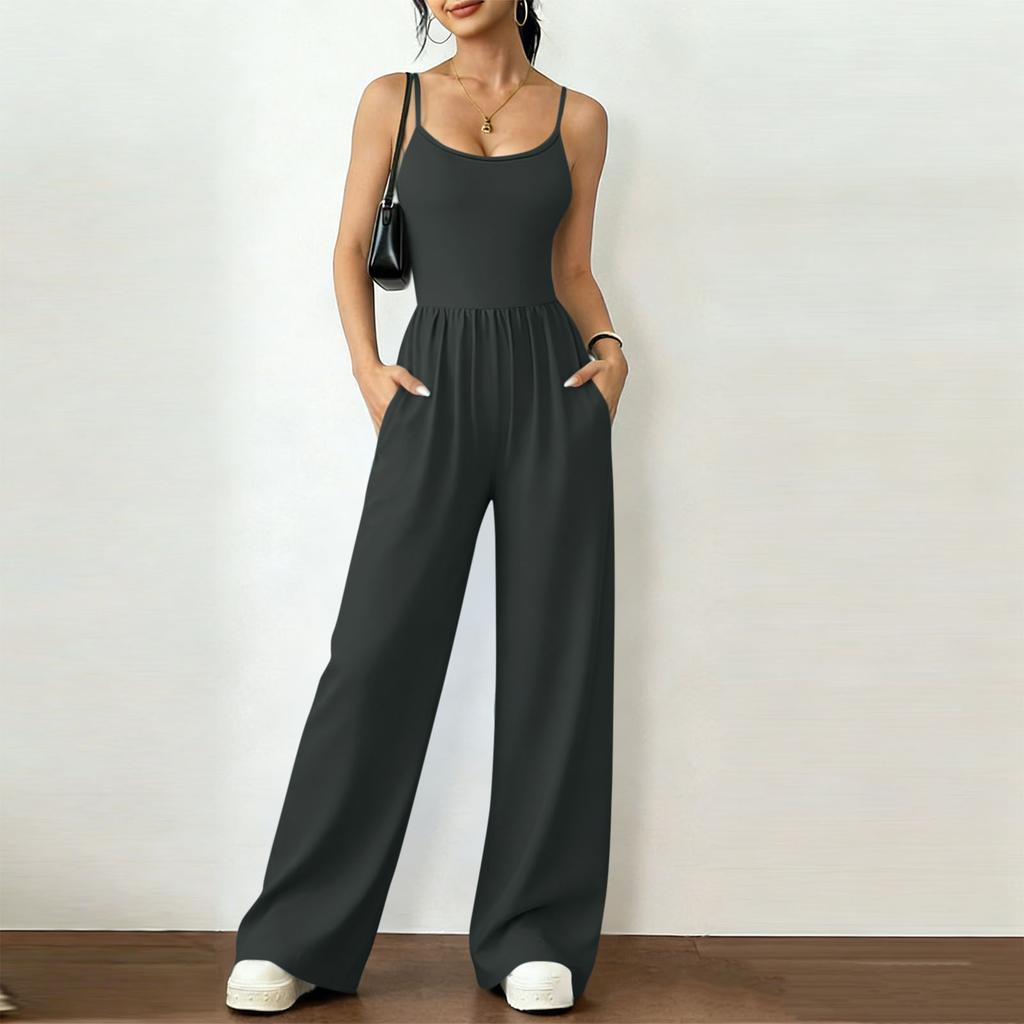 Women's Fashionable Casual Plain-Coloured -Neck Wrap-Around Wide-Leg Loose-Fit Jumpsuit
