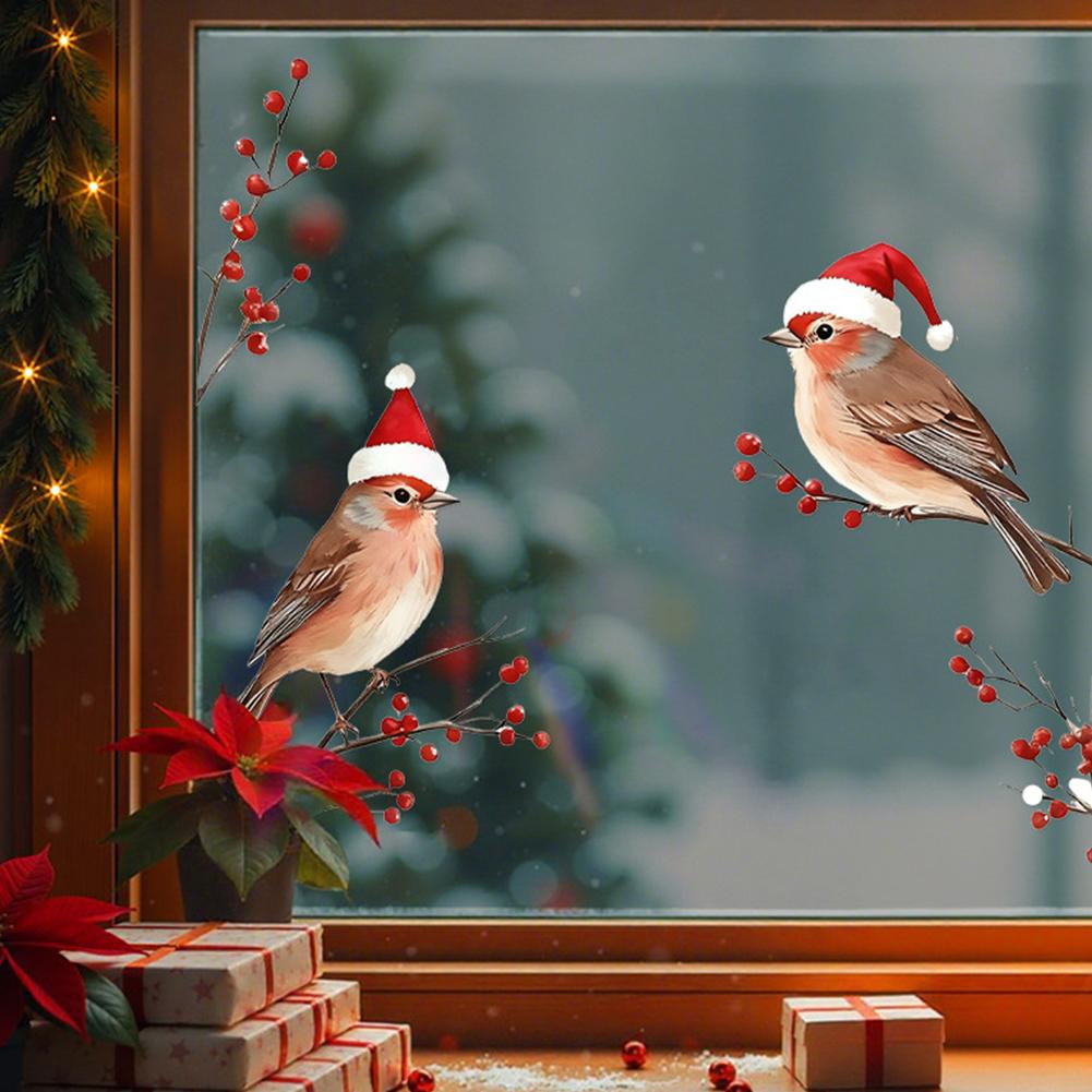 Christmas Bird Window StickersSanta Hat Bird Xmas Decor Reusable Decals For Home Glass Door Party Festival New Year Decorat F3T7